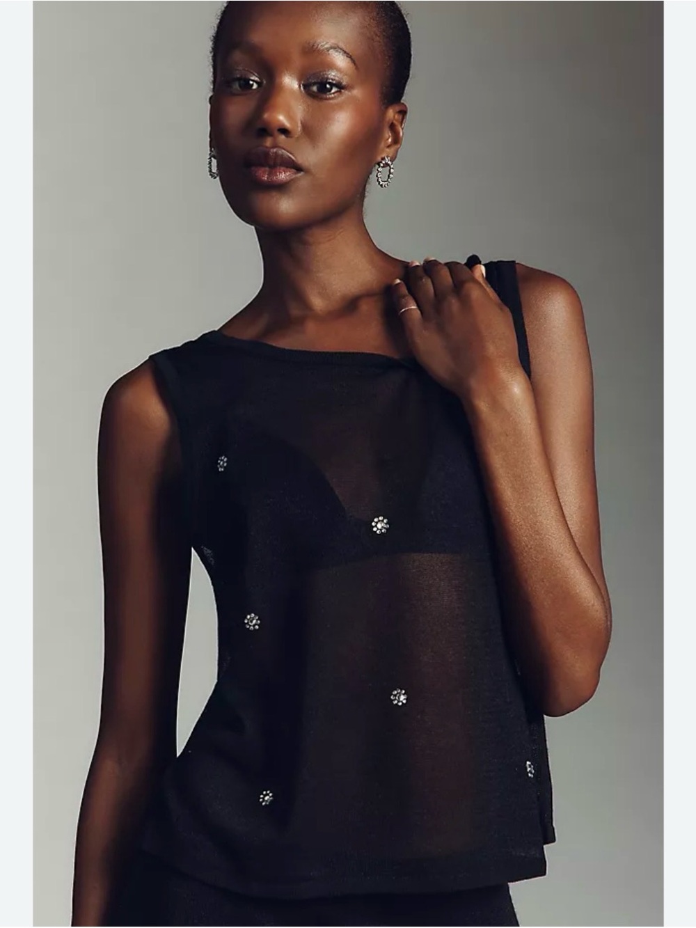 Anthropologie Black Pilcro Sheer Embellished Knit Tank Top NWT Size Small